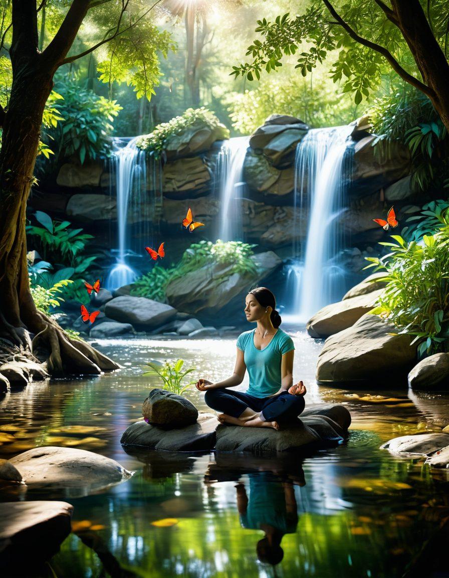 A serene person meditating in a tranquil natural setting, surrounded by elements symbolizing emotional intelligence like a glowing heart and mindful thoughts in the form of colorful butterflies. The scene includes gentle flowing water and soft sunlight filtering through trees, conveying peace and personal growth. super-realistic. vibrant colors. calming atmosphere.