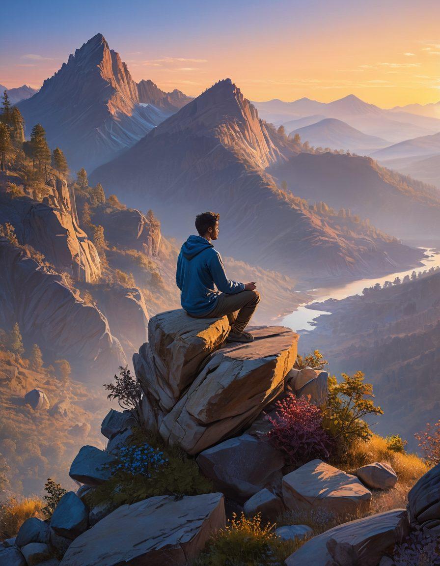 A serene landscape featuring a person meditating on a mountain top, with light illuminating their figure, symbolizing enlightenment and growth. The sky transitions from light to dark, depicting the journey from struggle to clarity. Include elements like floating books and gears representing mental tools and strategies for improvement. super-realistic. vibrant colors. peaceful background.