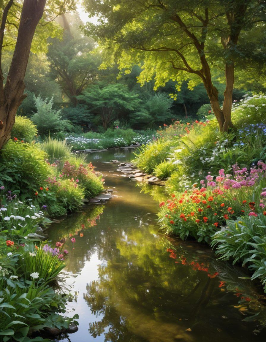 A serene landscape depicting a tranquil person practicing mindfulness in a lush green park, surrounded by colorful flowers and gentle flowing water. Soft sunlight filters through the trees, creating a peaceful atmosphere. Visual elements representing engagement, reflection, and transformation subtly integrated, such as butterflies and blooming plants. The colors should be calming and soothing, emphasizing mental wellness. super-realistic. vibrant colors. natural setting.